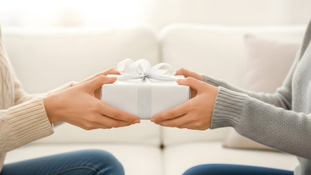 Man giving gift to his girlfriend at home, closeup of handsの素材