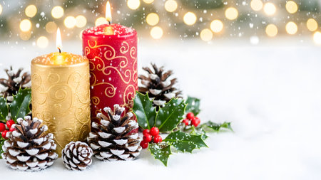 Christmas decoration with burning candles, holly berry and pine cones on snow with bokeh backgroundの素材