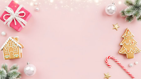 Christmas greeting card. Festive decoration on pink background. New Year concept. Copy space.  Flat lay. Top view.の素材