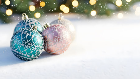 Christmas greeting card. Festive decoration on bokeh background. New Year concept. Copy space.の素材