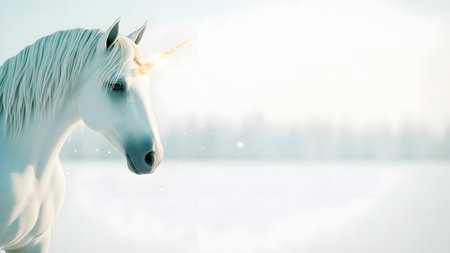 White unicorn on a background of the winter landscape. Copy space.の素材