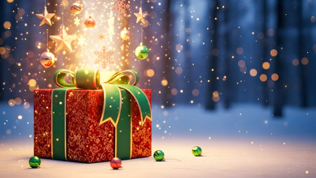 Gift box with christmas balls on snow background. 3d renderingの素材