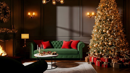 Christmas living room with Christmas tree and fireplace. 3d render.の素材