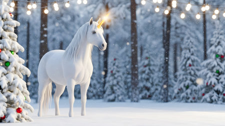 White horse in winter forest with christmas lights. Christmas and New Year backgroundの素材
