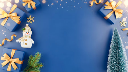 Christmas background with blue gift boxes, snowman and Christmas tree. Vector illustration.の素材