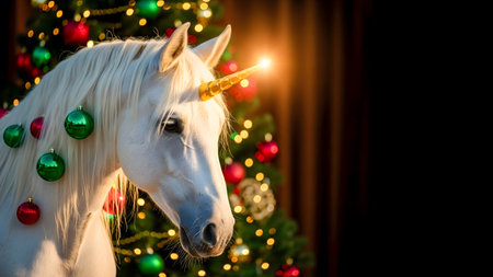 White horse with christmas tree and bokeh lights background.の素材