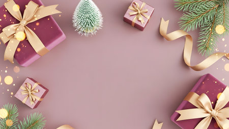 Merry Christmas and Happy New Year. Festive background with gift boxes, fir tree branches and confetti. Flat lay, top view.の素材