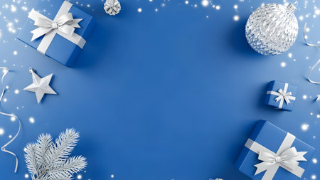 Blue christmas background with gift boxes and snowflakes. Flat lay, top view.の素材