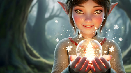 Young woman in elf costume holding magic crystal ball with christmas treeの素材
