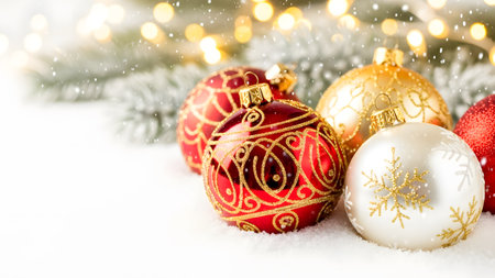 Christmas greeting card. Festive decoration on bokeh background. New Year concept. Copy space.の素材