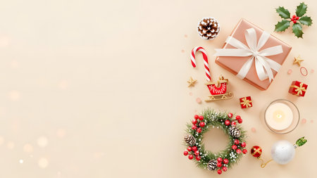 Christmas composition. Festive decoration on pastel beige background. Flat lay, top view, copy spaceの素材