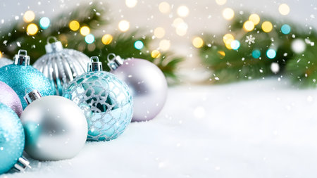 Christmas decoration on snow with bokeh background. Copy space.の素材