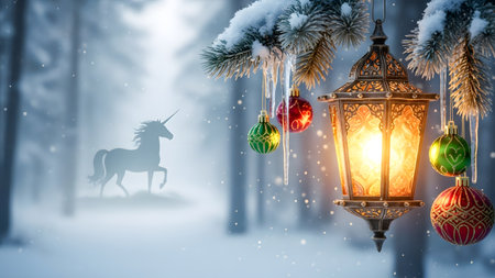 Christmas and New Year background with a Christmas tree, a lantern and a unicorn.の素材