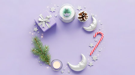 Christmas composition. Christmas gift box, candy cane, fir tree branches, candle, snowflakes on violet background. Flat lay, top view, copy spaceの素材