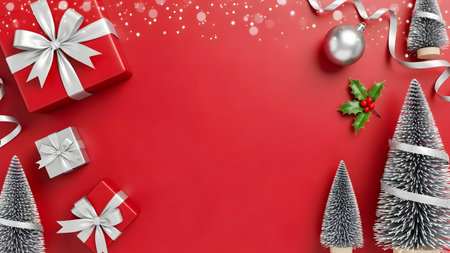 Christmas background with fir tree, gift box and decorations on red background.の素材