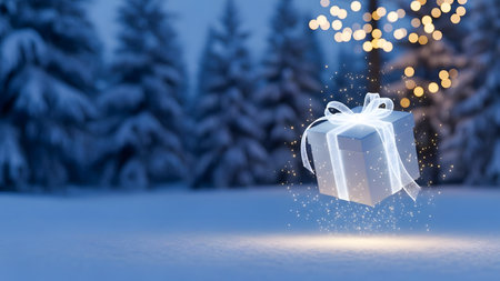 Gift box on winter background with bokeh effect. 3d renderingの素材