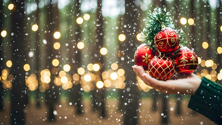Christmas and New Year holidays background. Woman hands holding red christmas balls on bokeh background.の素材