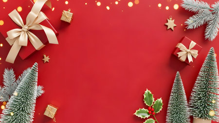Christmas background with fir tree and gift boxes on red background. Flat lay, top view.の素材