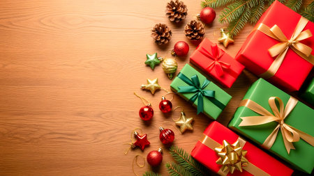 Christmas presents and decoration on wooden background. Top view with copy spaceの素材