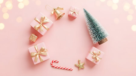 Christmas composition. Gifts, fir tree, candy canes on pastel pink background. Flat lay, top view, copy spaceの素材