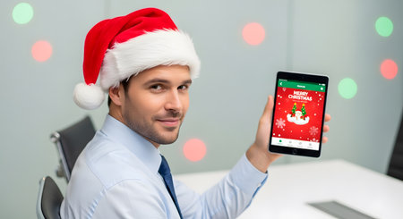 businessman in santa hat holding smartphone with christmas app on screenの素材