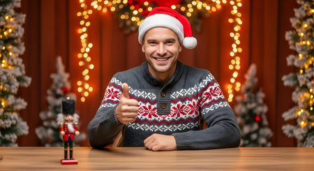 smiling man in santa hat sitting at table and showing thumbs upの素材
