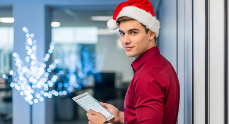Handsome young man in red shirt and Santa hat using tablet in officeの素材