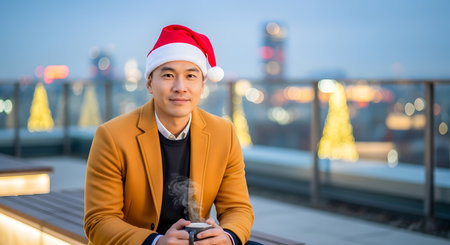Portrait of young handsome Asian businessman wearing Santa hat and holding a cup of coffee in the cityの素材