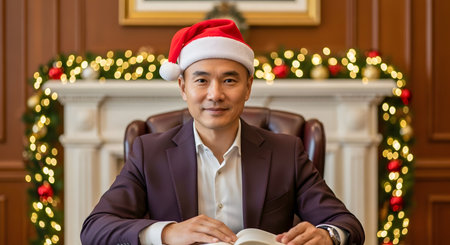 Portrait of Asian businessman wearing Santa Claus hat sitting in armchairの素材