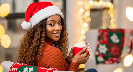 happy african american woman in santa hat with christmas drinkの素材