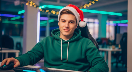 Portrait of a young man in a santa hat playing online games on a computer.の素材