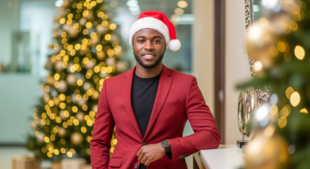 african american man in suit and santa hat at christmasの素材