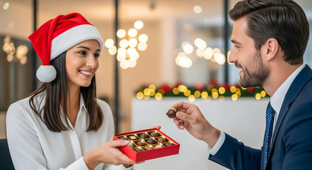 businessman in santa hat giving box of chocolates to womanの素材