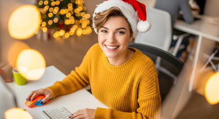 Beautiful young woman in Santa hat working on computer at home.の素材