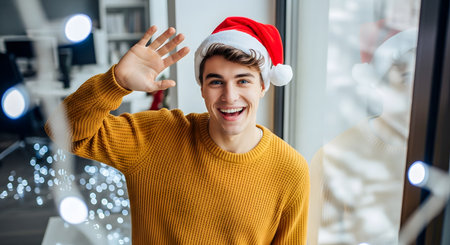 smiling young man in santa hat waving hand in shop windowの素材