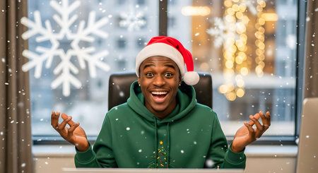 happy african american man in santa hat at christmas officeの素材