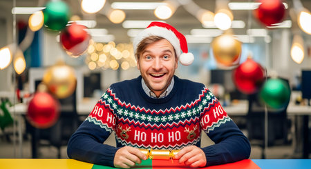 Surprised young man in christmas sweater and santa hatの素材