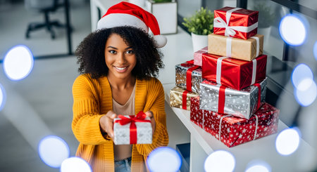 smiling african american woman in santa hat holding christmas presentsの素材