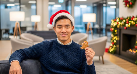 asian man in santa hat holding gingerbread cookie at homeの素材