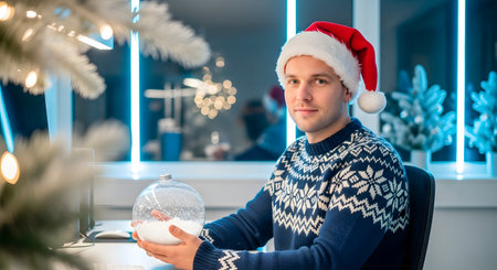 Handsome young man in santa hat holding a snow globe and looking at cameraの素材