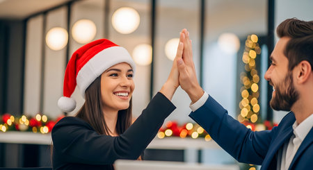 Businessman in Santa hat giving high five to businesswoman in officeの素材