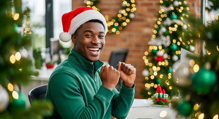 Cheerful african american man celebrating christmas at homeの素材