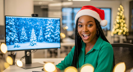 Portrait of young african american businesswoman in santa hat looking at camera in officeの素材