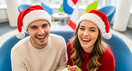 Happy young couple in Santa hats holding gift box and smiling while sitting on chair in cafeの素材