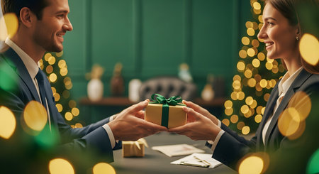 happy couple with gift box and playing cards at christmas party in clubの素材