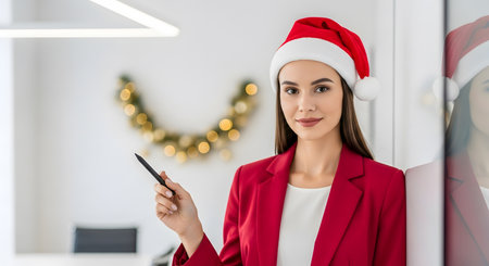 businesswoman in santa hat holding pen and looking at camera in officeの素材