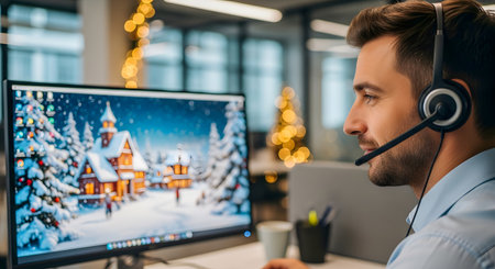 selective focus of call center operator in headset looking at christmas treeの素材