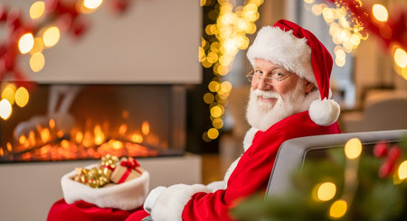 christmas, holidays, technology and people concept - close up of santa claus with bag of gifts over living room backgroundの素材