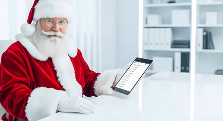 Santa Claus sitting at the table in his office and using a tabletの素材