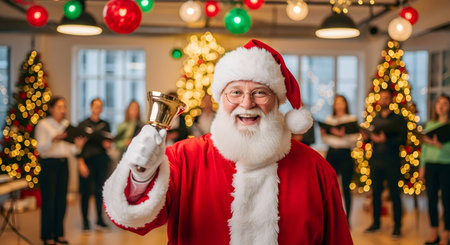 Merry Christmas and Happy Holidays! Cheerful Santa Claus is holding a bell in his hand and looking at the camera.の素材
